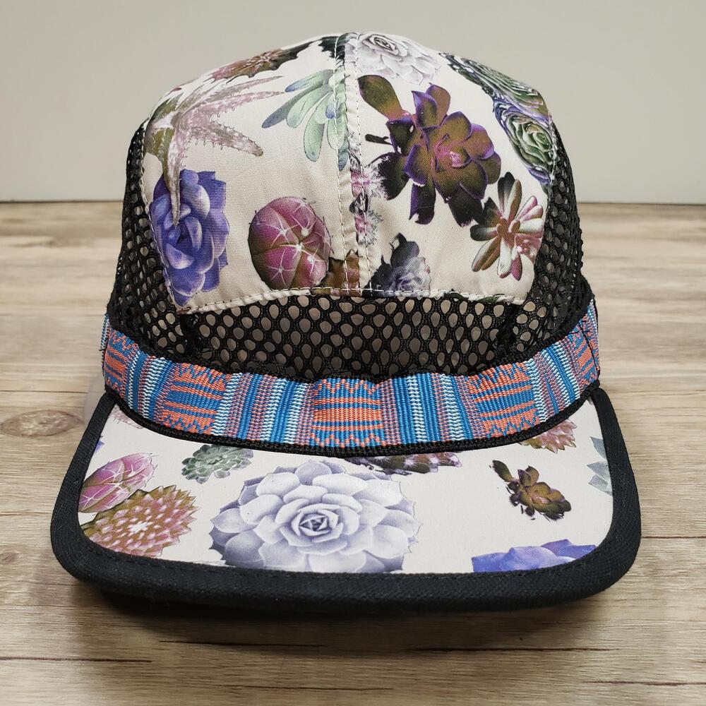 KAVU Strapcap Hat Cap Strap Back Women M Floral Succulent Print Mesh Trucker USA